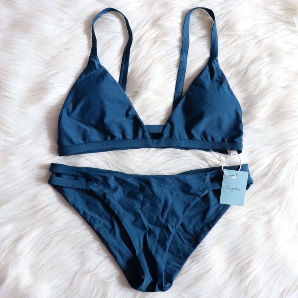 Blue Solid Cutout Bikini Set Size Large